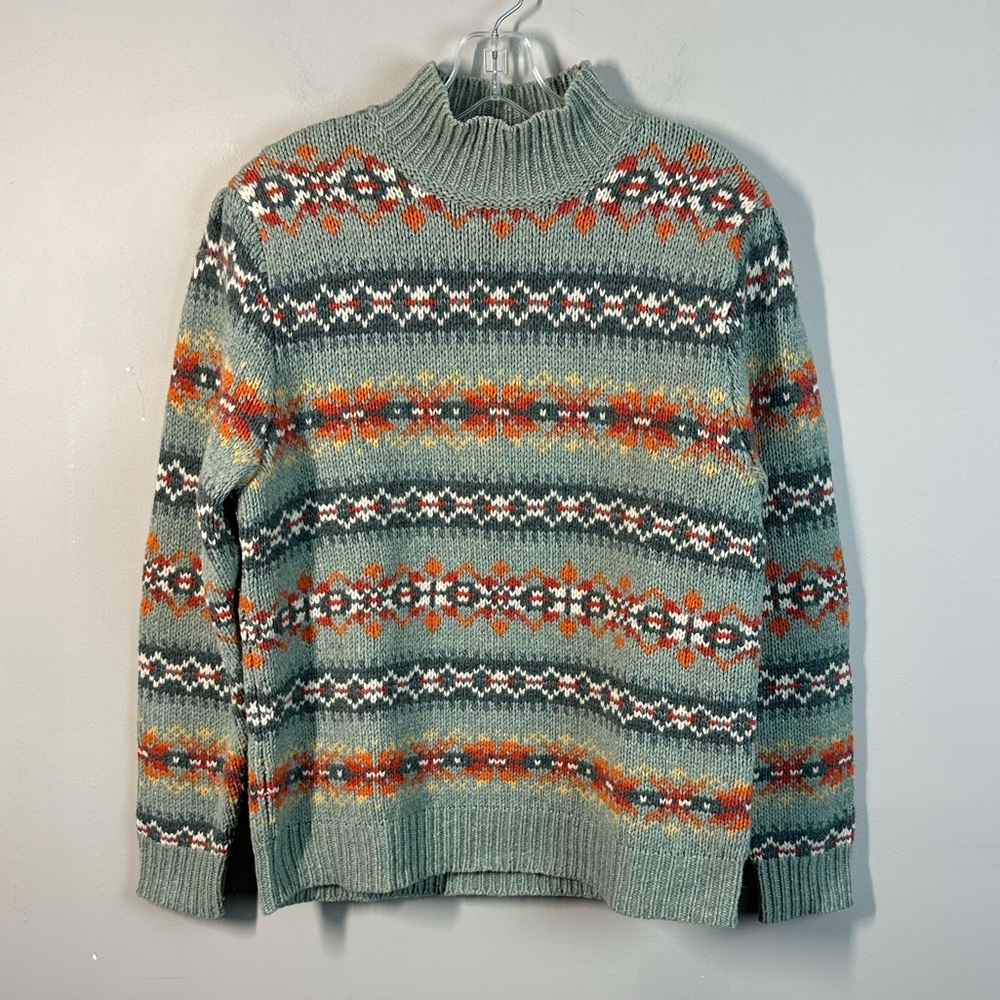 Vintage Land’s End Fair Isle Mock Neck Nordic Lambswool Sweater Size M